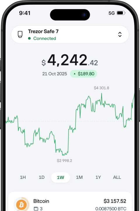 Trezor Suite mobile app showing a Bitcoin portfolio chart and balances