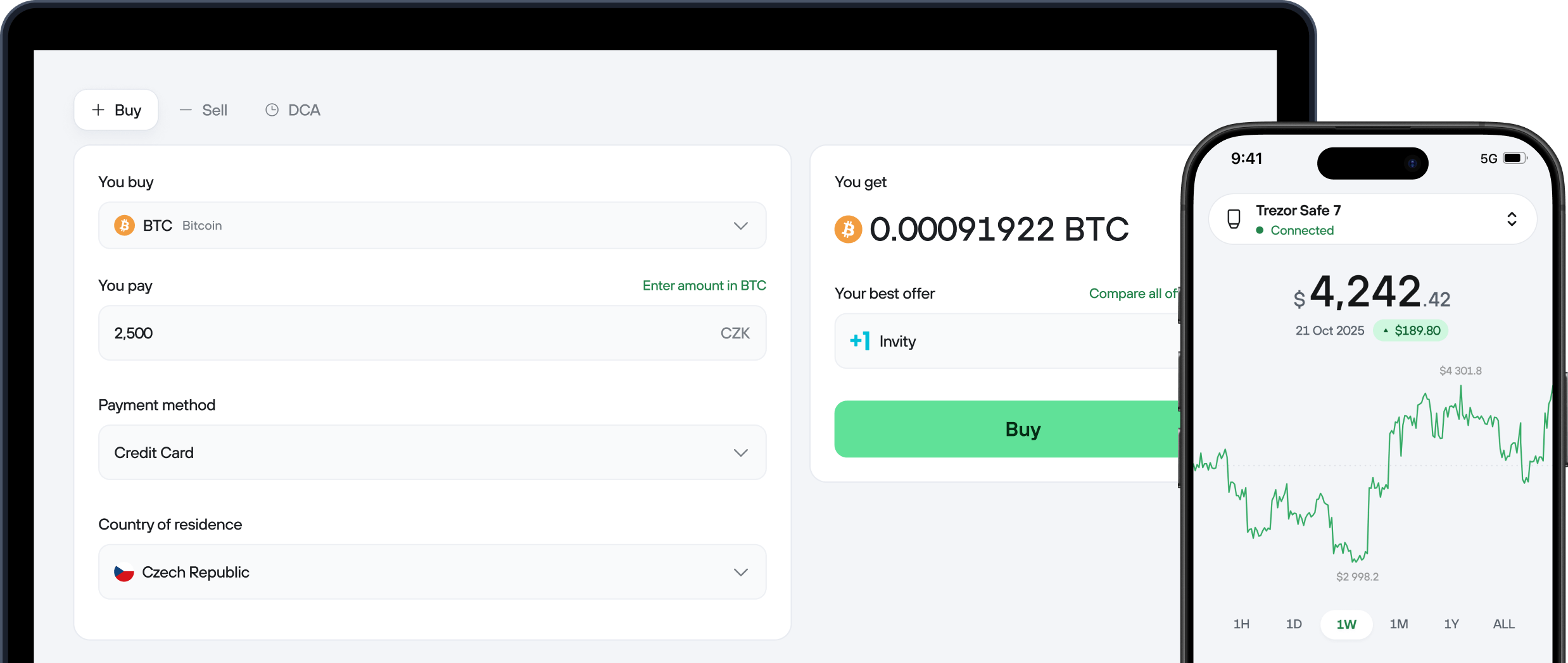 Trezor Suite desktop buy screen beside the mobile portfolio view